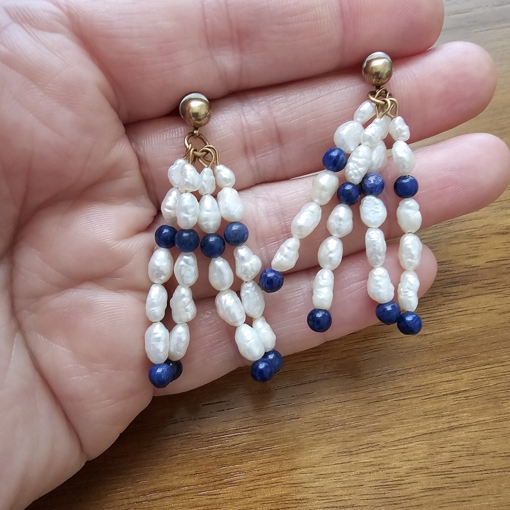 Nautical White Pearl & Blue Stone Bead Tassel Earrings – Vintage 90s